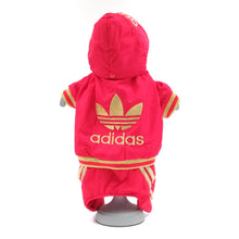 Load image into Gallery viewer, Red and gold dog fashion Adidog dog tracksuit