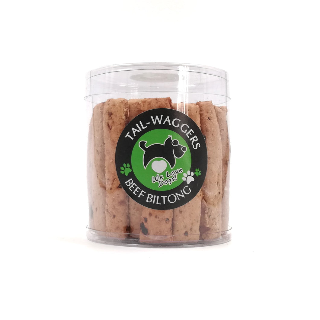 Beef Biltong dog treats in a convenient tub