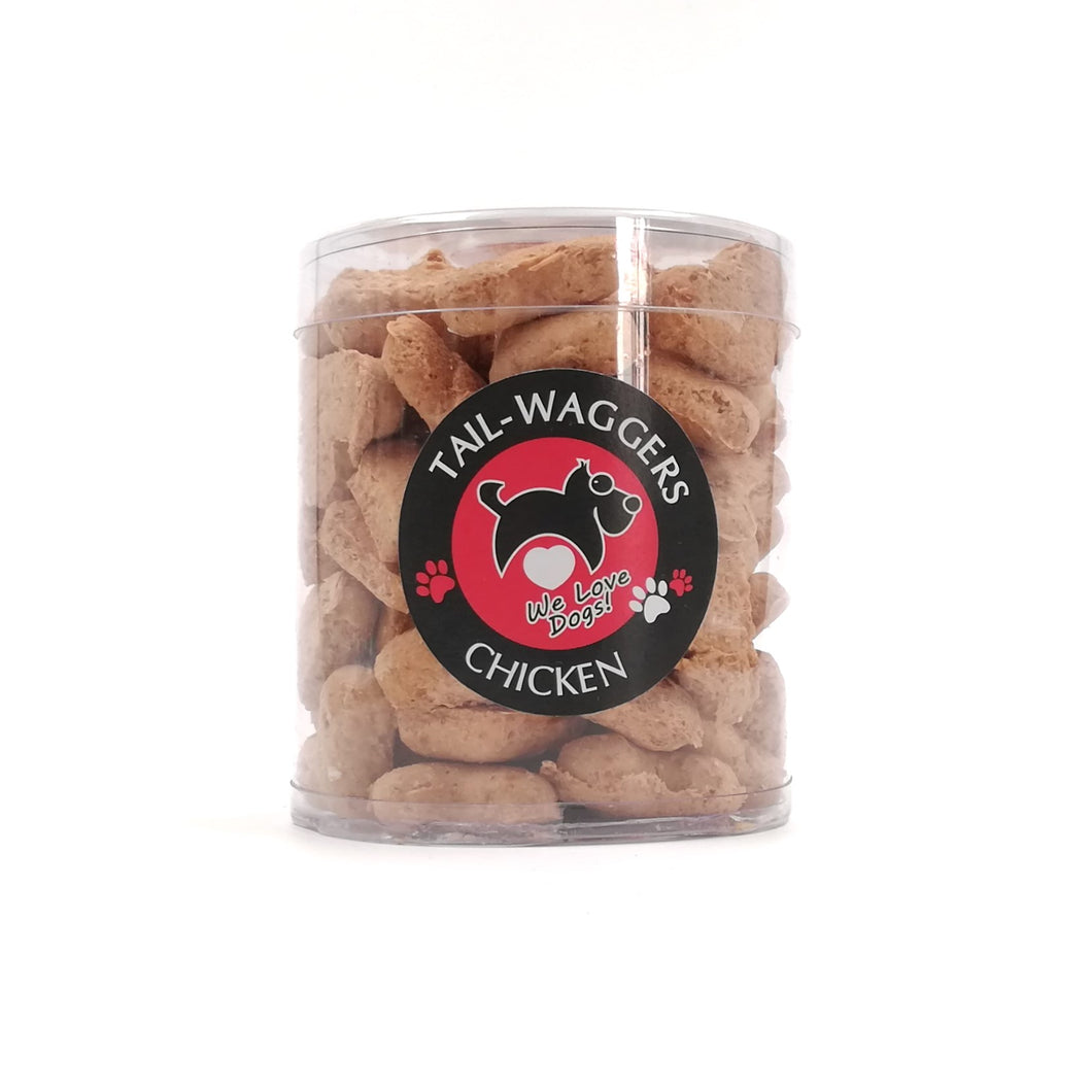 Chicken flavour dog treats in tub