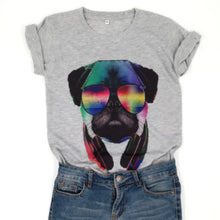 Load image into Gallery viewer, Dog Mom T-shirt with dog face wearing headphones printed