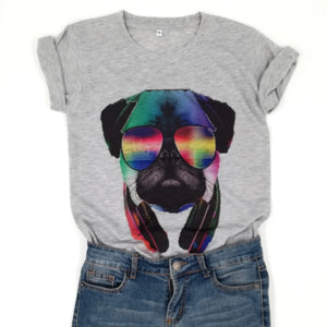 Dog Mom T-shirt with dog face wearing headphones printed