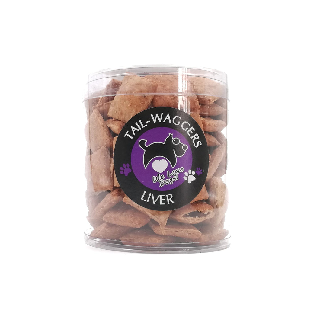 Liver flavour dog treats in tub